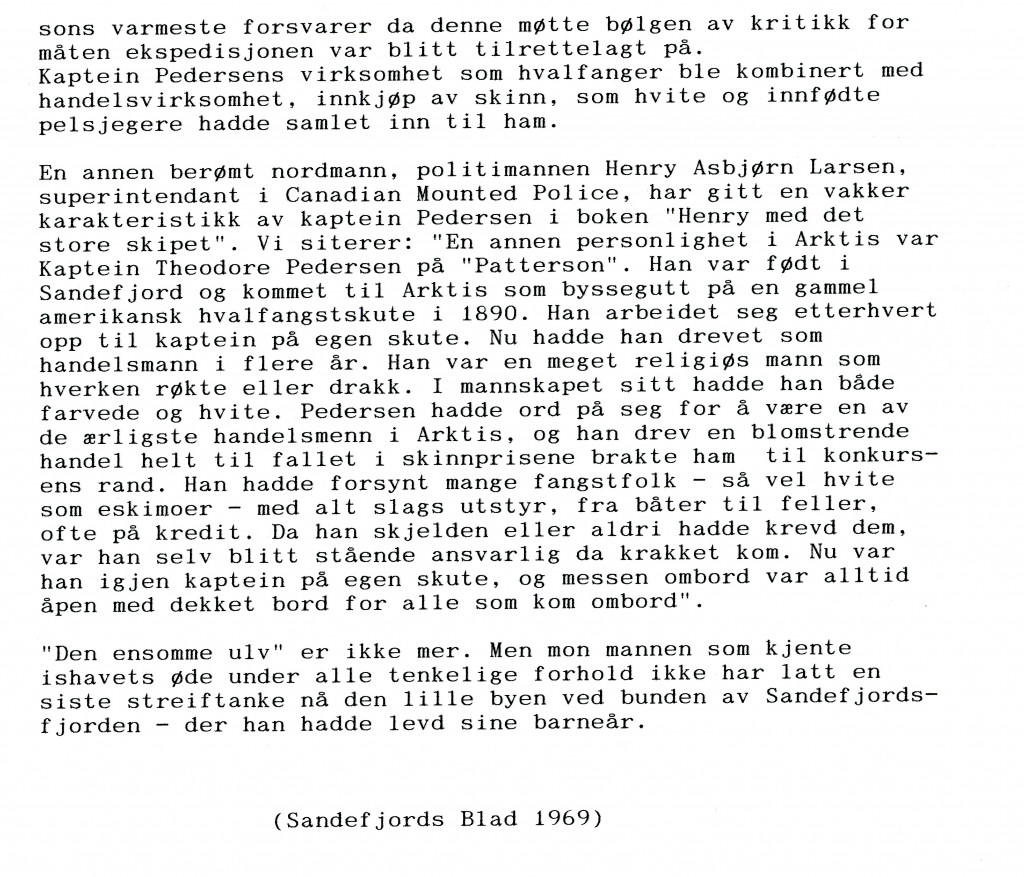 Minneomtale om Kaptein Christian Theodor Pedersen i Sandefjords Blad