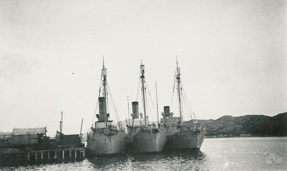 Hvalbåtene fra venstre FEMMERN - HVALØ V og ytterst THORLYN