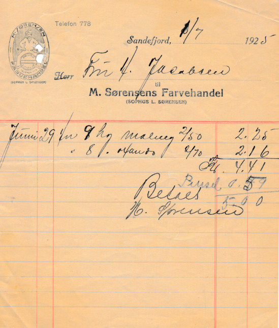 Nota fra M. Sørensens Farvehandel