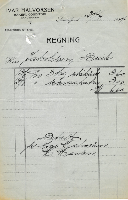 Regning til herr Jakobsen i 1924