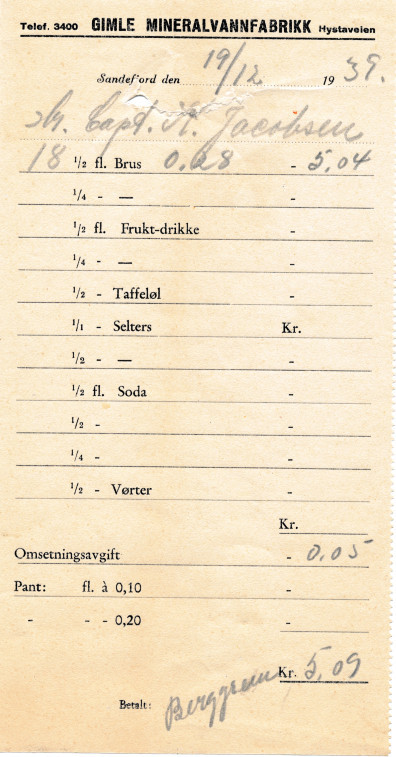 Gimle Mineralvannfabrikk - kvittering fra 1939