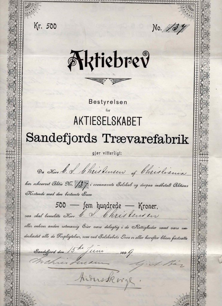 Sandefjord Trævarefabrik - aktiebrev fra 1899