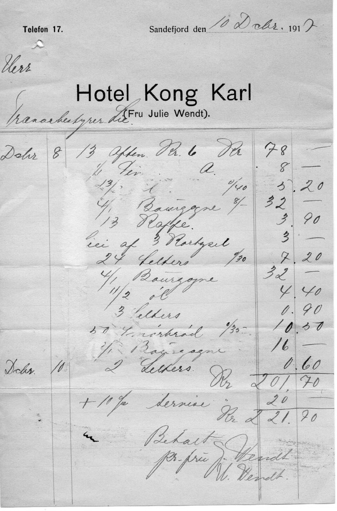 Regning fra Hotel Kong Karl - (fru Julie Wendt)