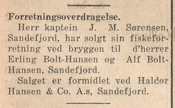 Kaptein Sørensen selger sin fiskeforretng til Br. Bolt-Hansen