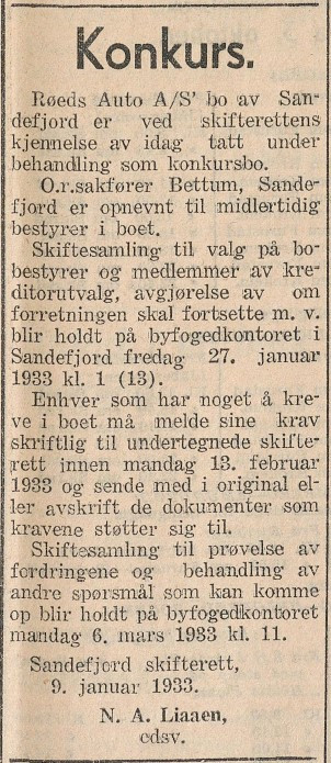 Røeds Auto A/S - konkurs  1933