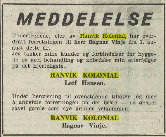 Ranvik Kolonial - ny eier i 1962 - Ragnar Vinje