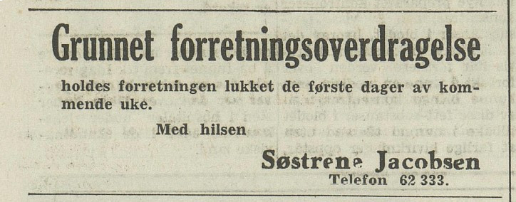 Søstrene Jacobsen - forretningsoverdragelse