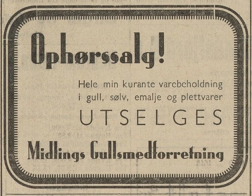 Midlings Gullsmedforretning - opphørssalg