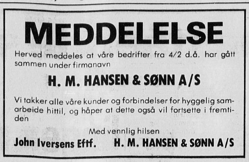 Baker Iversen blir innlemmet i H.M. Hansen A/S