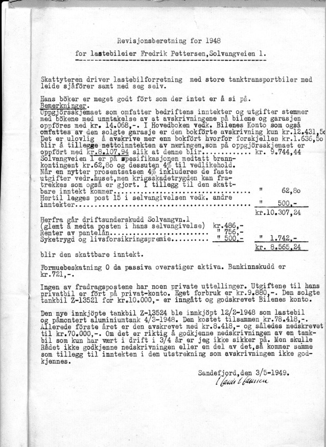Revisjonsberetning for tankbileier Chr. F. Petersen - 1948