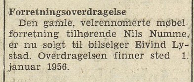 Nils Numme møbelforretning - ny eier