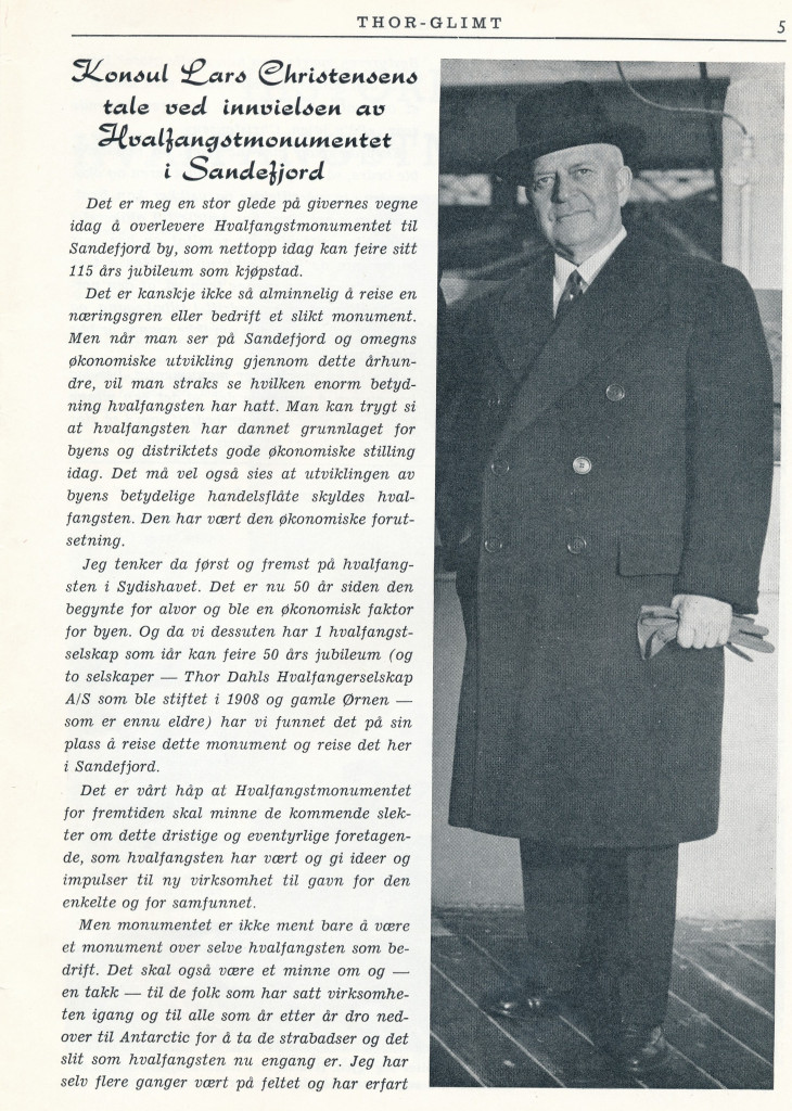 Tale ved innvielse av Hvalfangstmonumentet av konul Lars Christensen