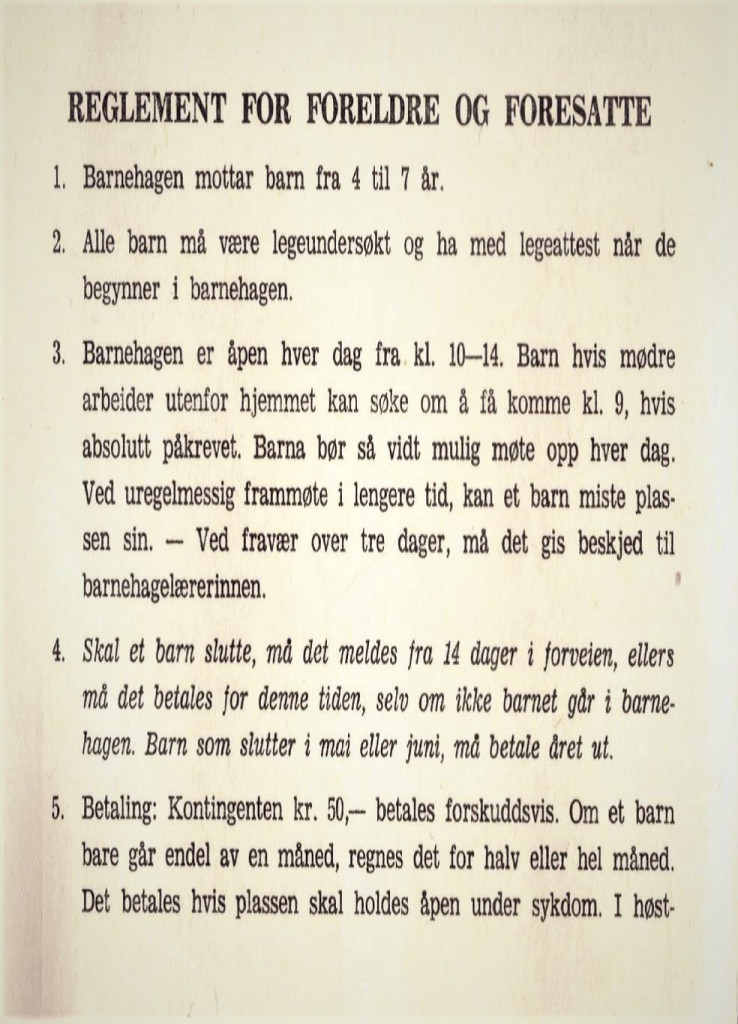 Haukerød barnehage - reglement 1962