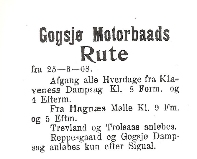 Gogsjø  -  Fergeforbindelse 1908