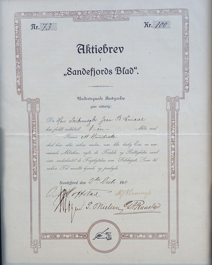 Aktiebrev i Sandefjords Blad
