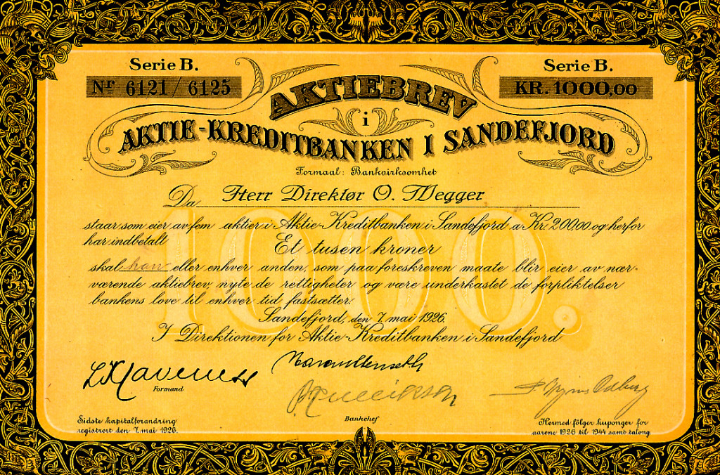 Aktiebrev i Aktie-Kreditbanken i Sandefjord datert 7. mai 1926