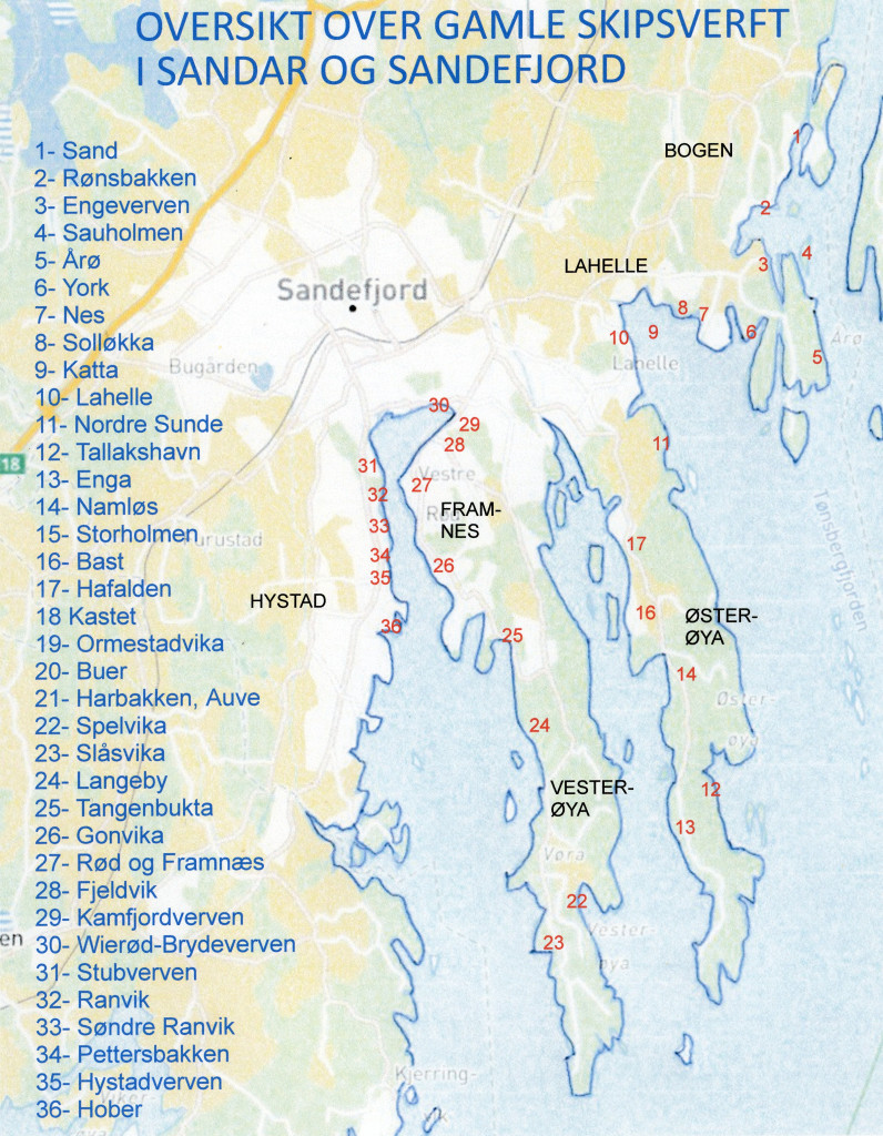 Kart over skipsverft i Sandefjord og Sandar